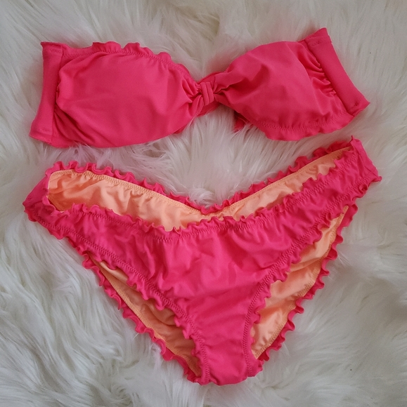 Sexy Strapless Padded Underwire Ruffle Solid Color Low Waist Women Bikini Set - Yellow 